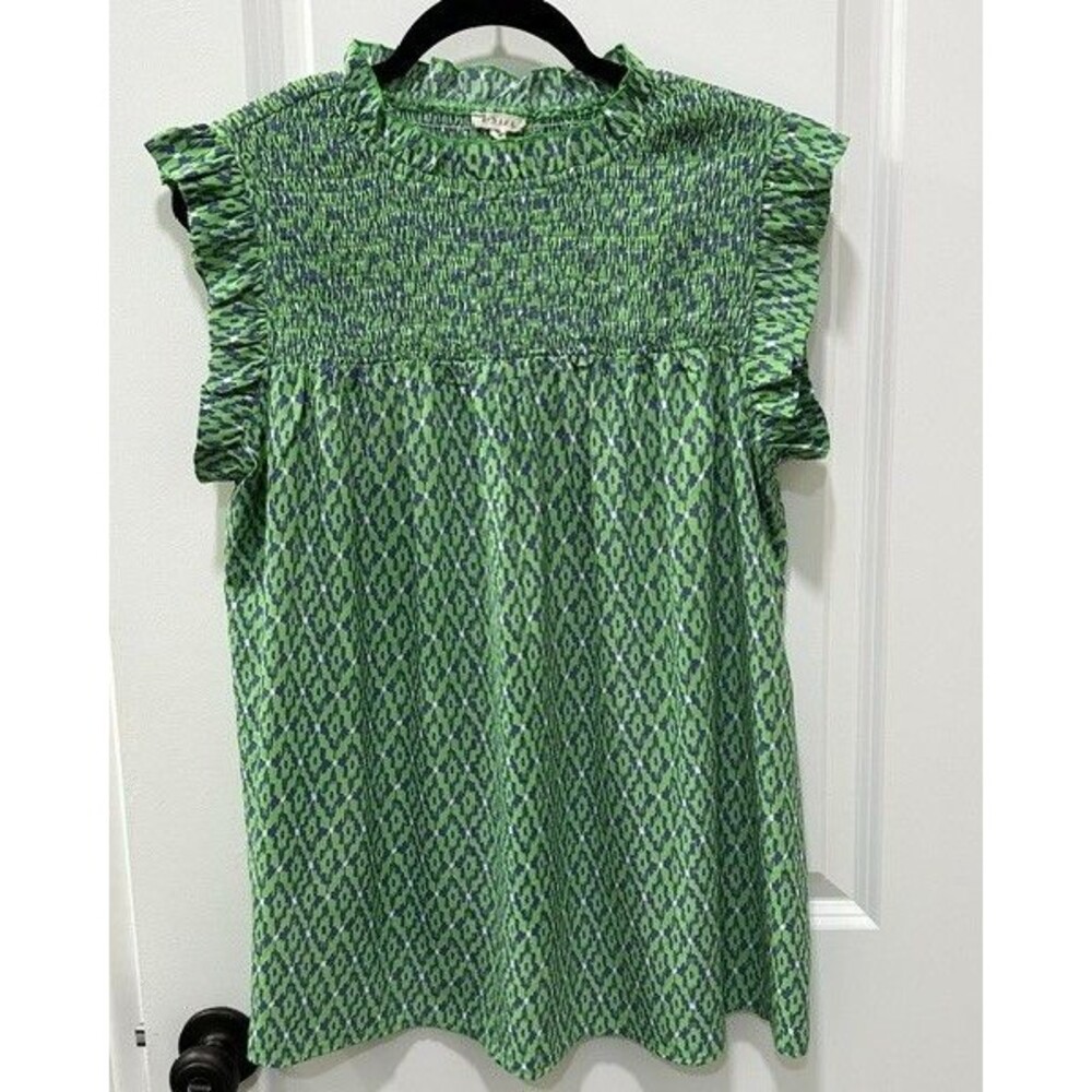 Jodifl Green Purple Diamond Print Smocked Ruffle trim Sleeve Top Womens M Boho